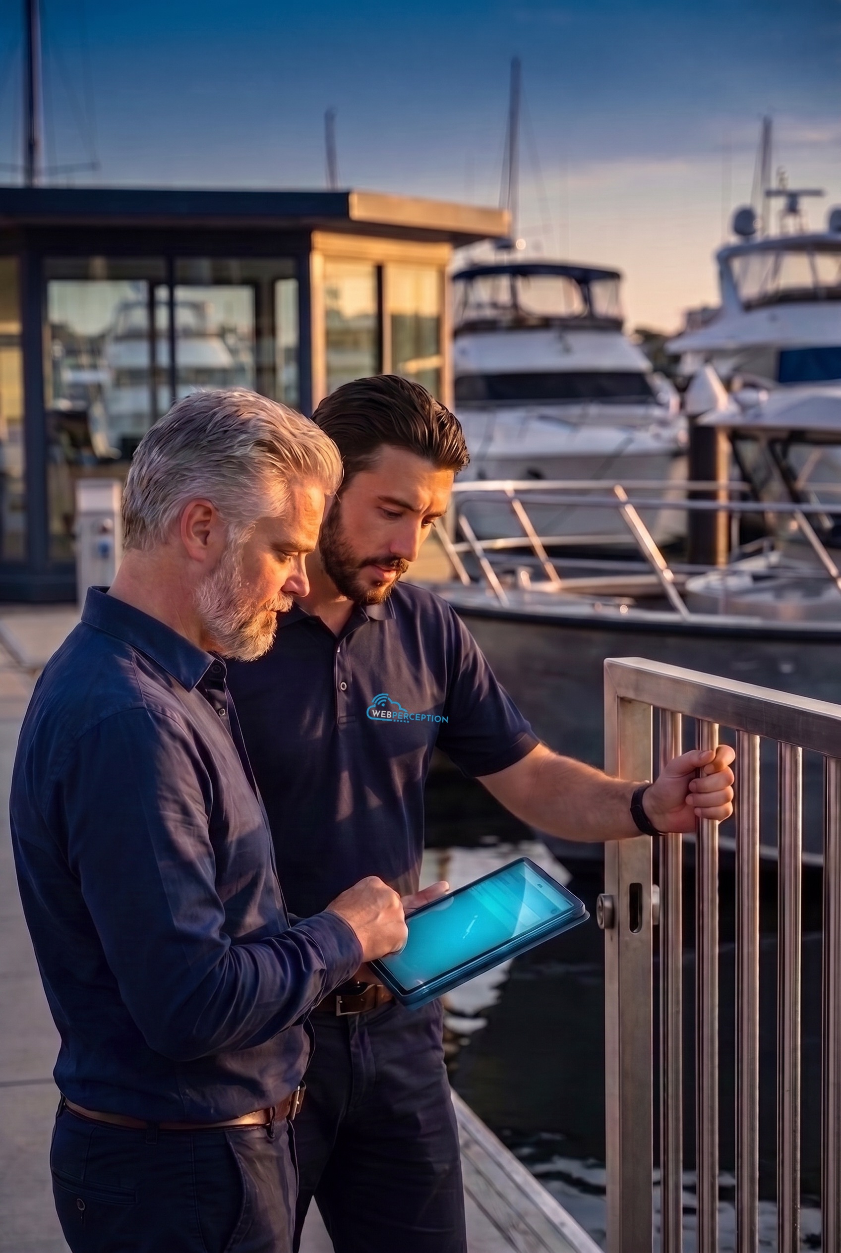 A HarborKey technician walking the docks and surveying a marina gate