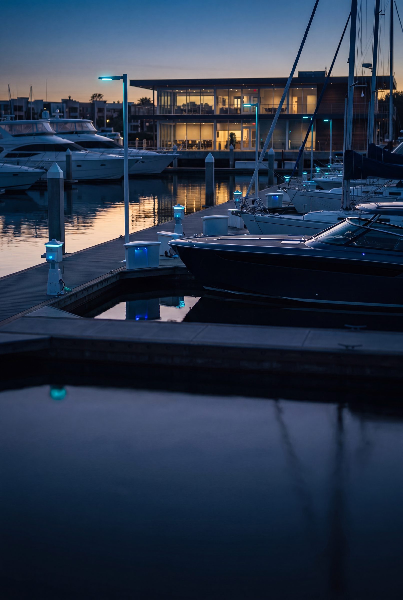 Outdoor WiFi access point mounted on a dock piling at dusk