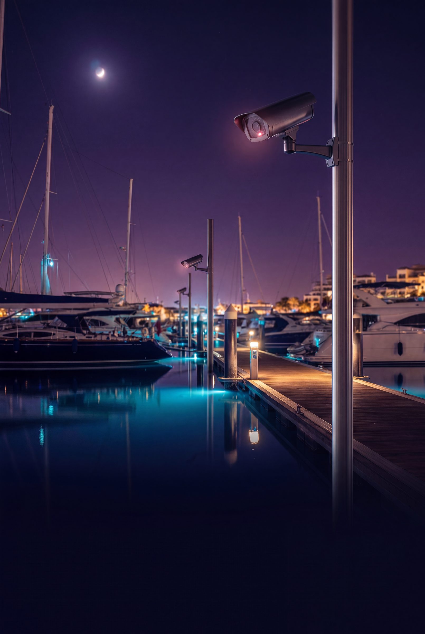 Surveillance camera on a marina dock pole