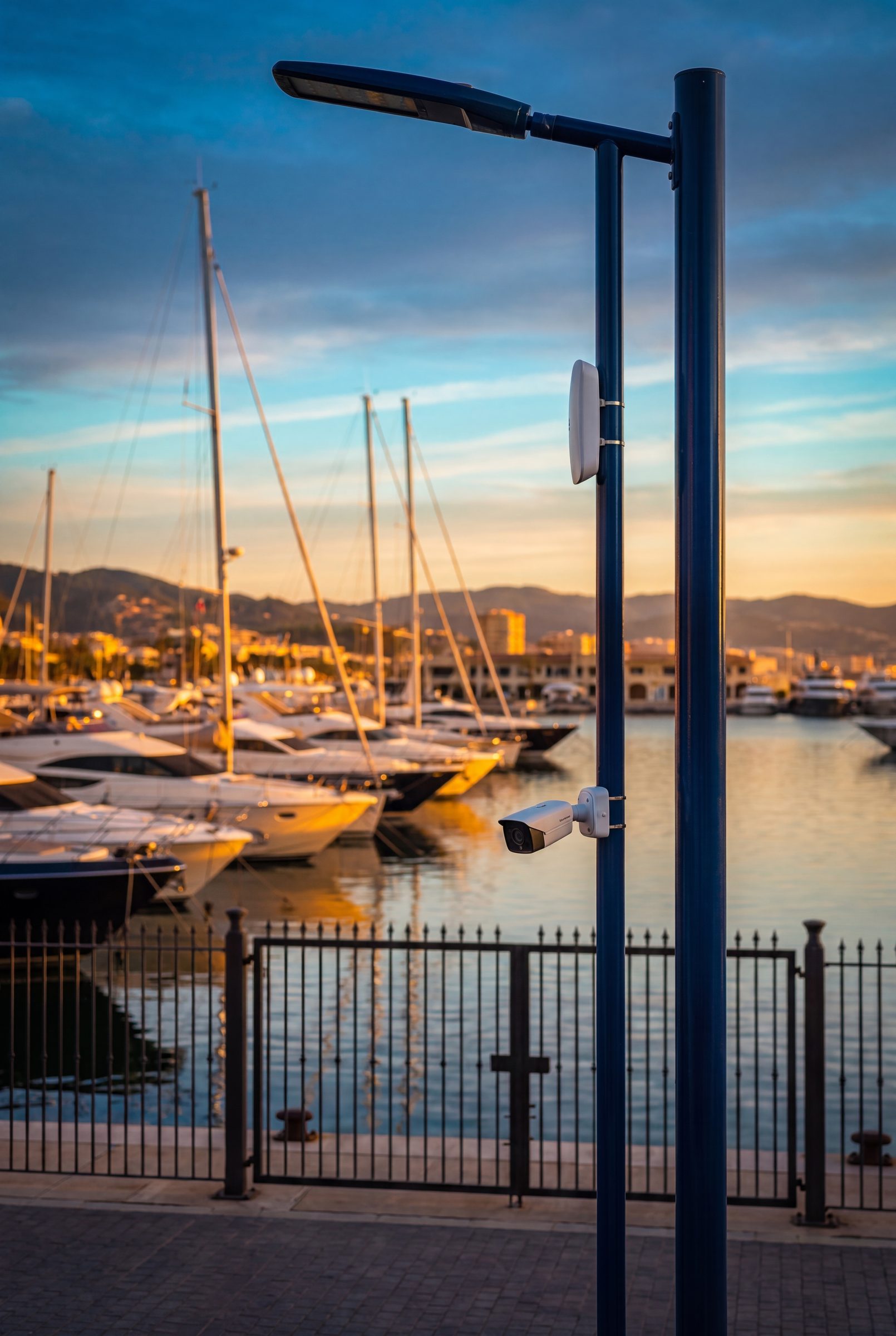 Clipper Yacht Harbor at golden hour with a WiFi access point, camera, and gate on the dock