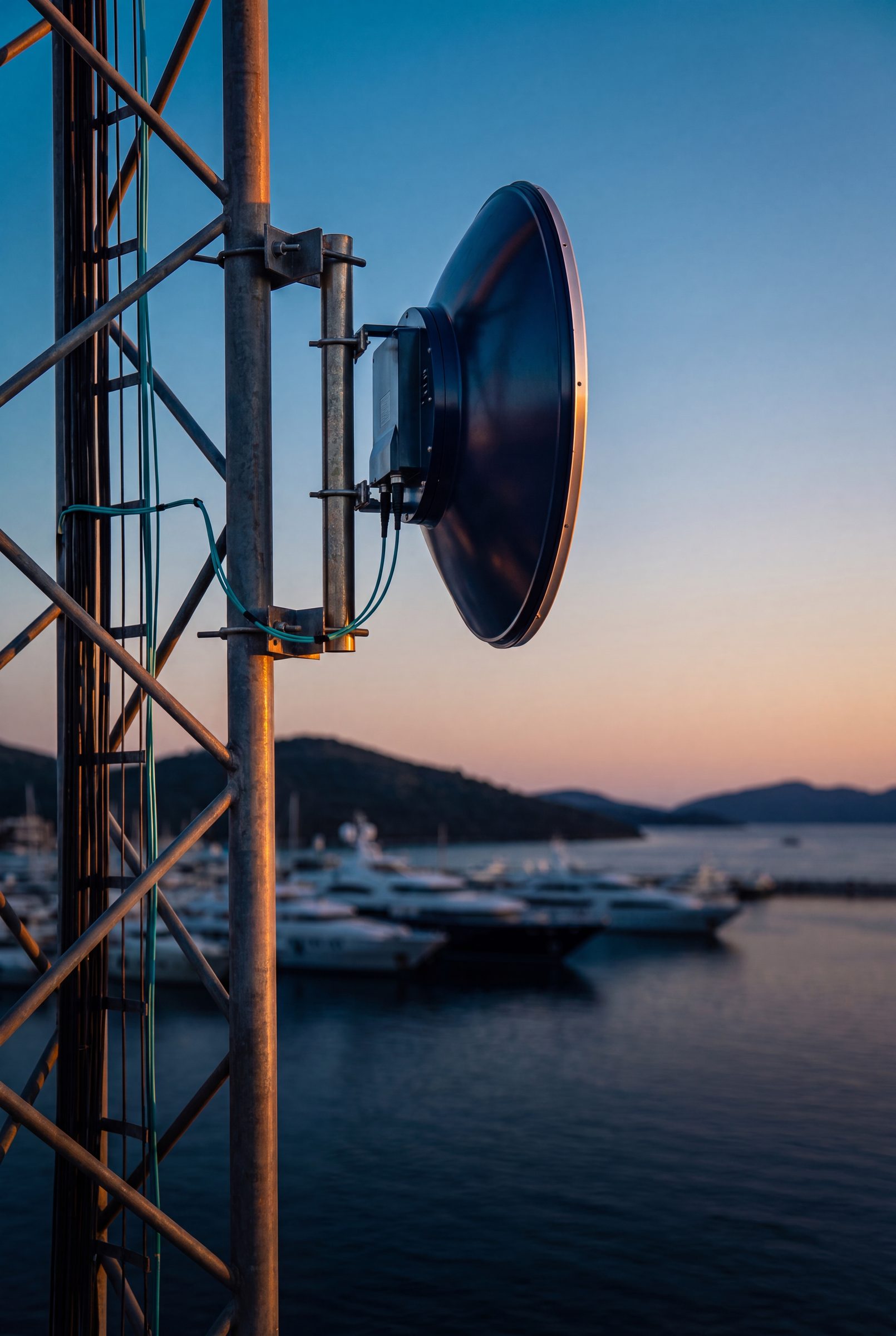 Point-to-point wireless backhaul antenna pointed across a marina at golden hour